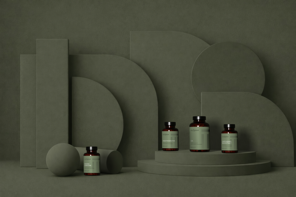 Geometric composition with Olympian Labs bottles