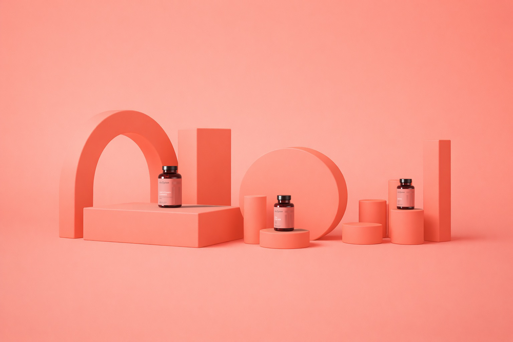 Geometric composition with Olympian Labs bottles