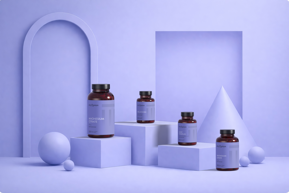 Geometric composition with Olympian Labs bottles