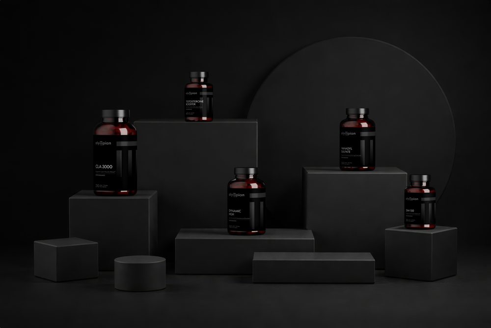 Geometric composition with Olympian Labs bottles