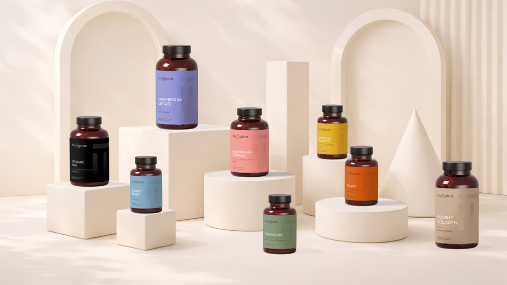 Olympian Labs bottles on geometrical surfaces