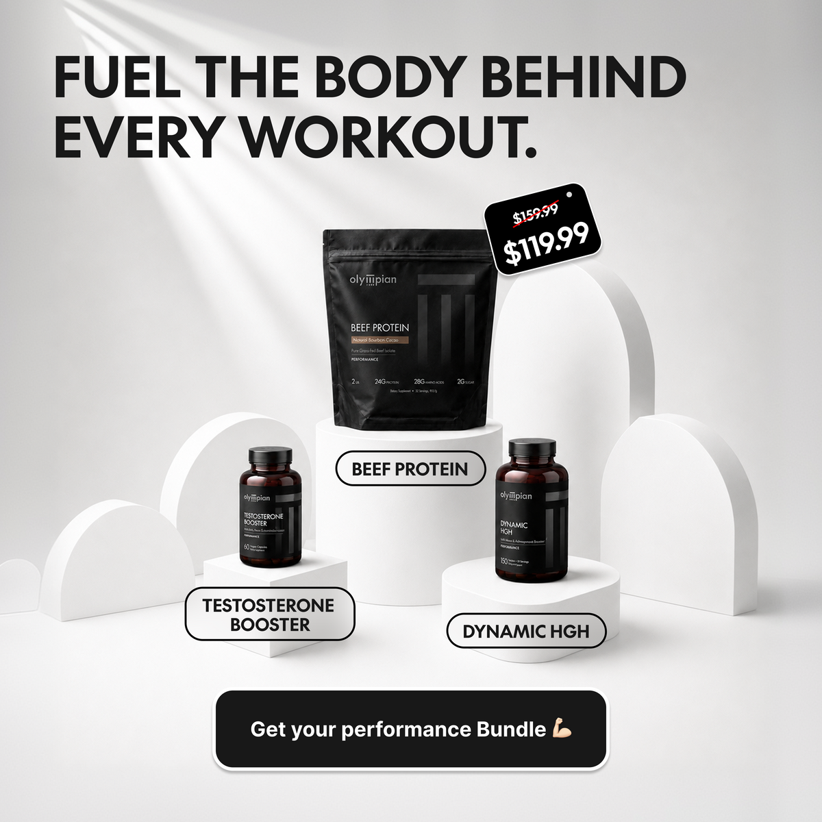 Supplement products including beef protein, testosterone booster, and Dynamic HGH with promotional text on a white background.