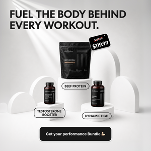 Supplement products including beef protein, testosterone booster, and Dynamic HGH with promotional text on a white background.