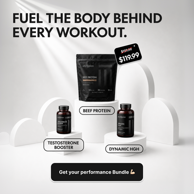 Supplement products including beef protein, testosterone booster, and Dynamic HGH with promotional text on a white background.