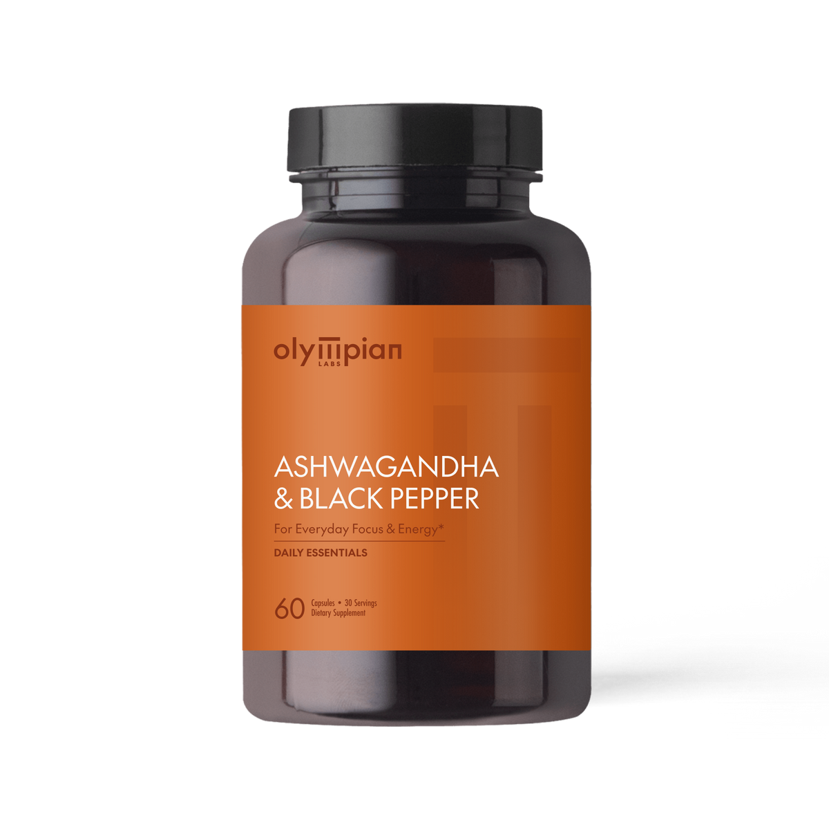 Supplement bottle labeled 'Ashwagandha & Black Pepper' by Olympian on an orange label with a white background.