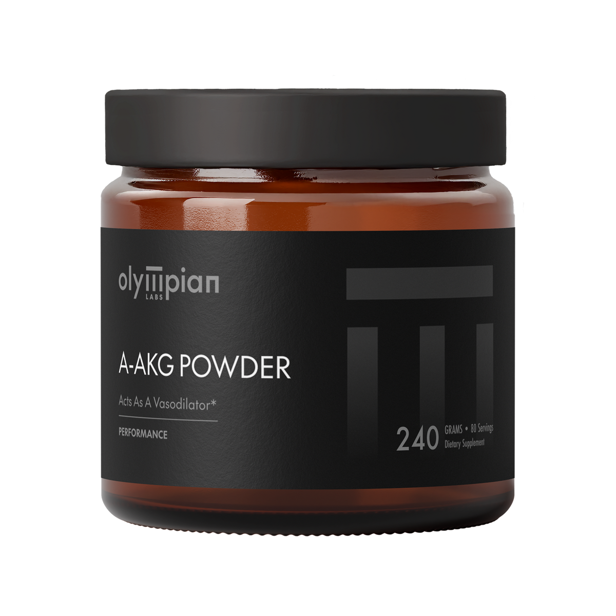 Jar of AAKG powder by Olympian Labs on a white background