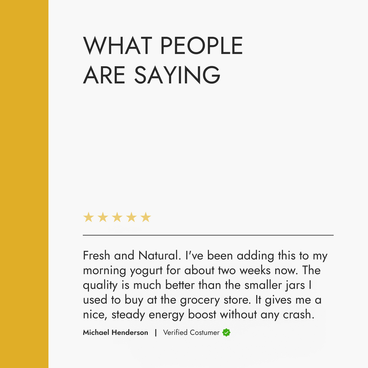 Product review section with a five-star rating and customer feedback on a white background.