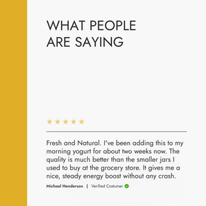 Product review section with a five-star rating and customer feedback on a white background.
