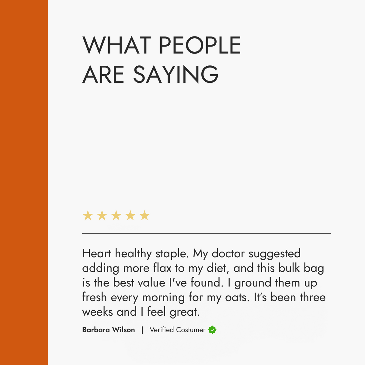 Product review section with a five-star rating and customer feedback on a white background.