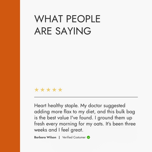 Product review section with a five-star rating and customer feedback on a white background.