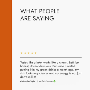 Product review section with a five-star rating and customer testimonial on a white background.