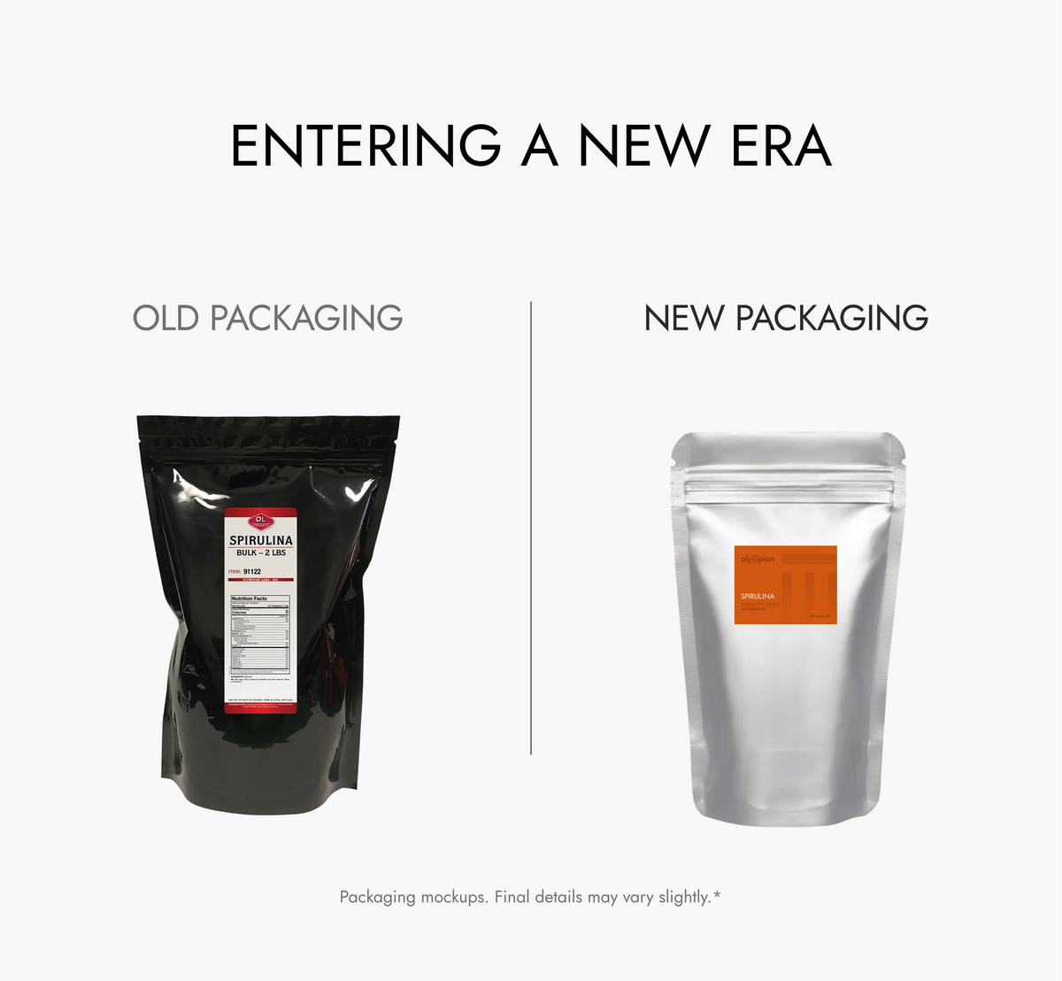 Comparison of old and new packaging with text 'Entering a New Era' on a white background.