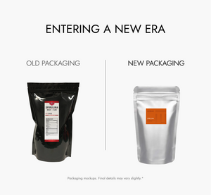 Comparison of old and new packaging with text 'Entering a New Era' on a white background.