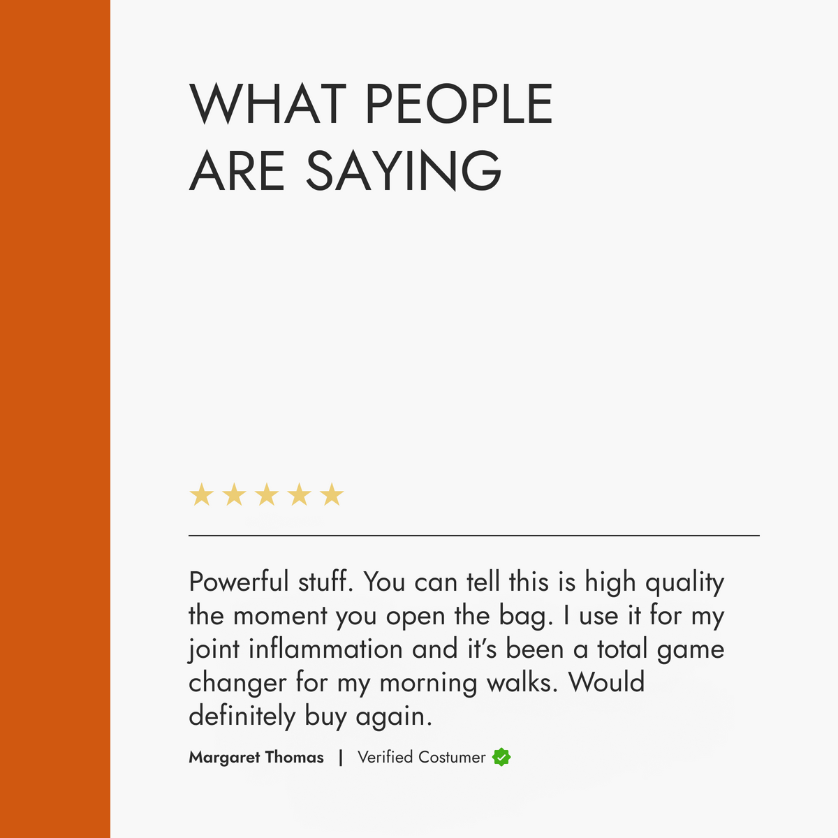 Product review section with a five-star rating and customer testimonial on a white background with orange sidebar.