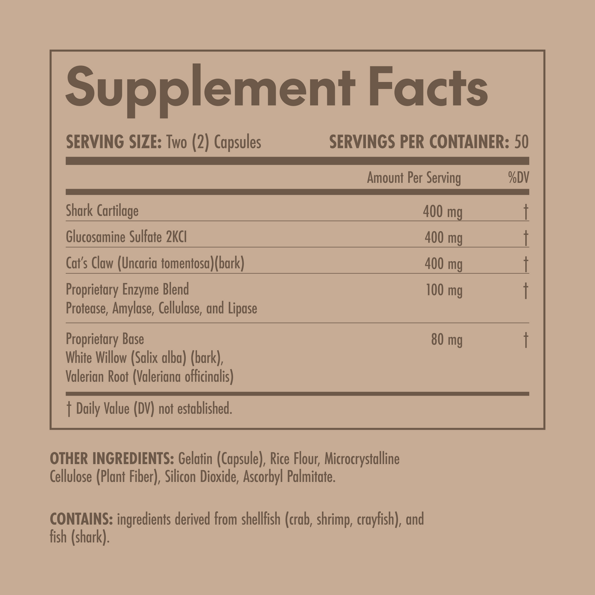 Supplement facts label on a brown background