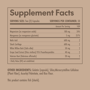 Supplement facts label with detailed nutritional information on a brown background