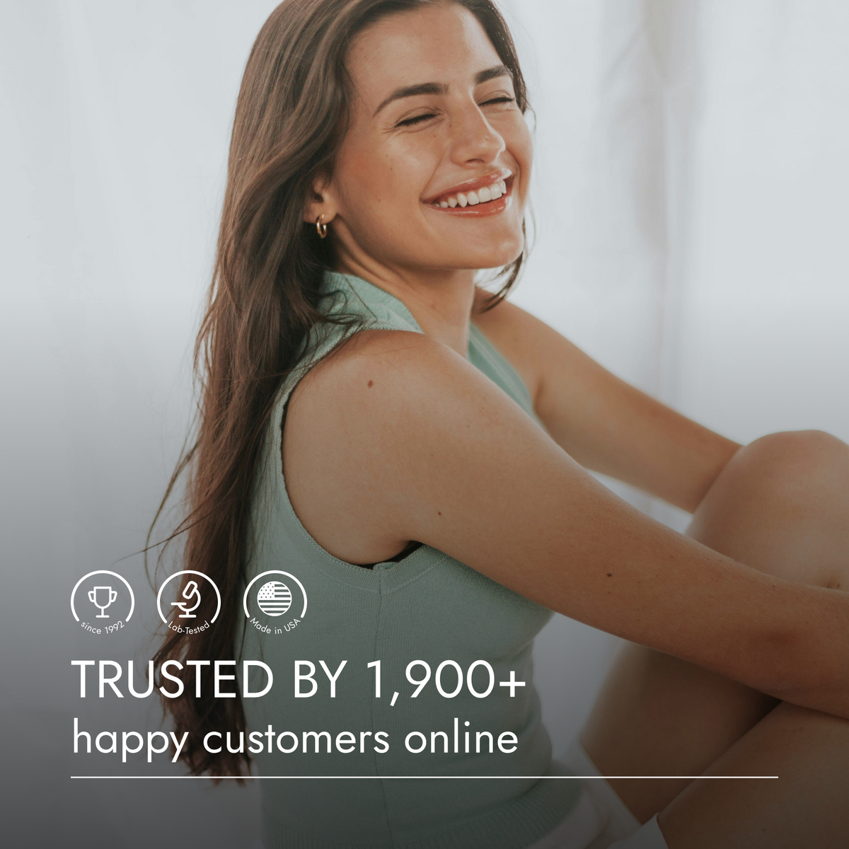 Woman sitting on a white couch with text about customer trust