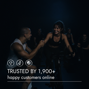 Group of people exercising on stationary bikes in a dark room with text about customer trust.