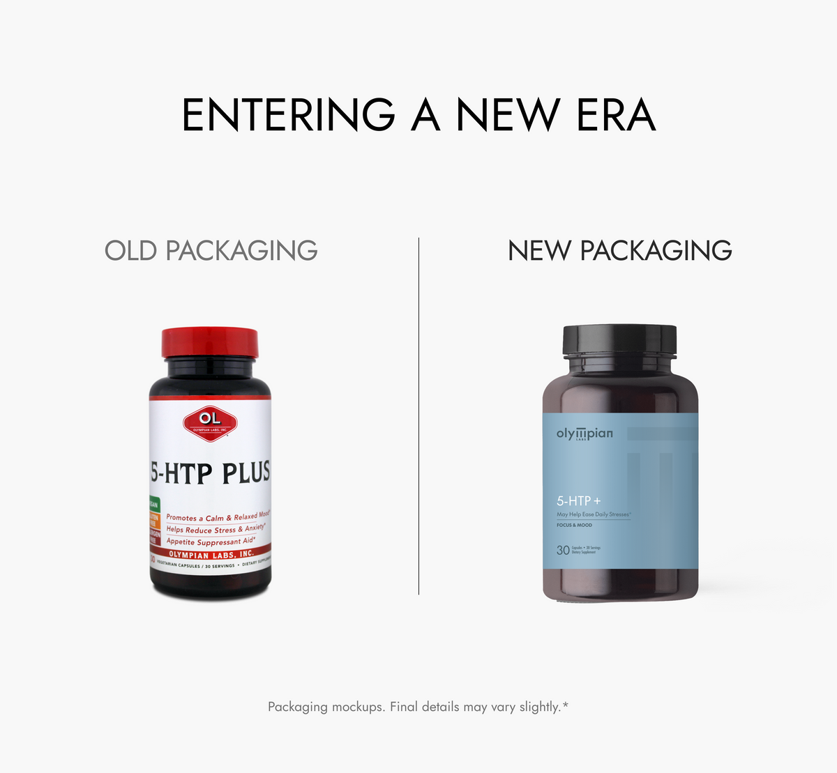 Comparison of old and new packaging for a supplement bottle labeled '5-HTP Plus'.
