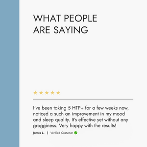 Product review section with a five-star rating and customer testimonial on a white background.