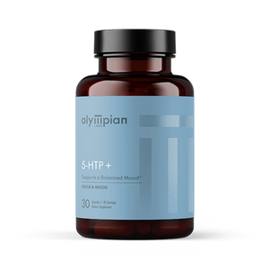 Supplement bottle labeled 'olympian' with a blue label on a white background