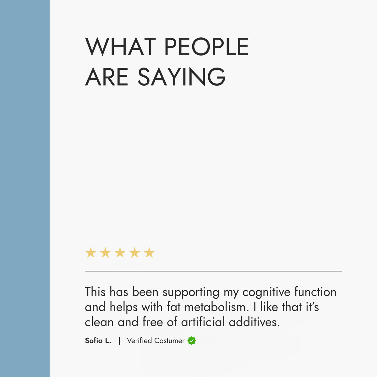 Placeholder image with text 'WHAT PEOPLE ARE SAYING' and a five-star rating, featuring a customer review.