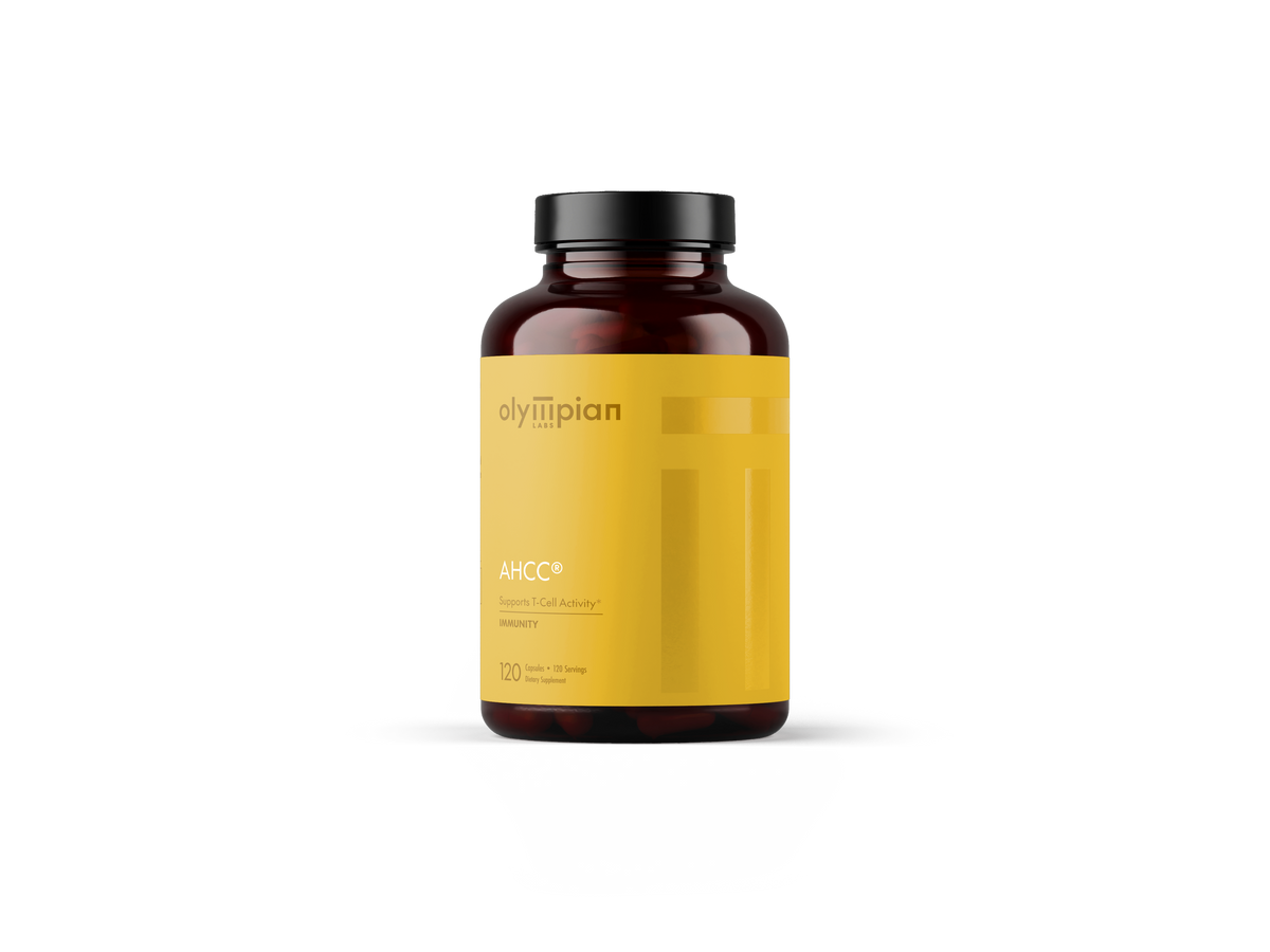 Supplement bottle with yellow label on a white background