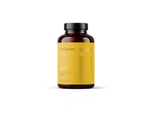 Supplement bottle with yellow label on a white background