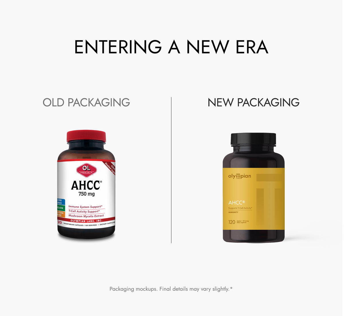 Comparison of old and new supplement packaging on a white background