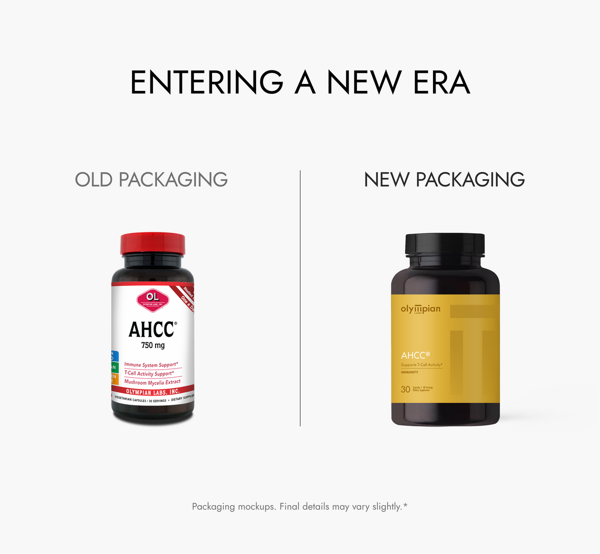 Comparison of old and new packaging for AHCC supplement bottles on a white background.