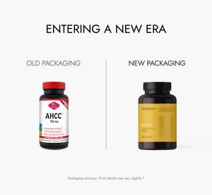 Comparison of old and new packaging for AHCC supplement bottles on a white background.