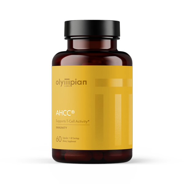 Supplement bottle with yellow label on a white background