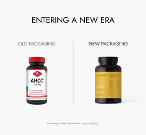 Comparison of old and new supplement packaging for AHCC on a white background.