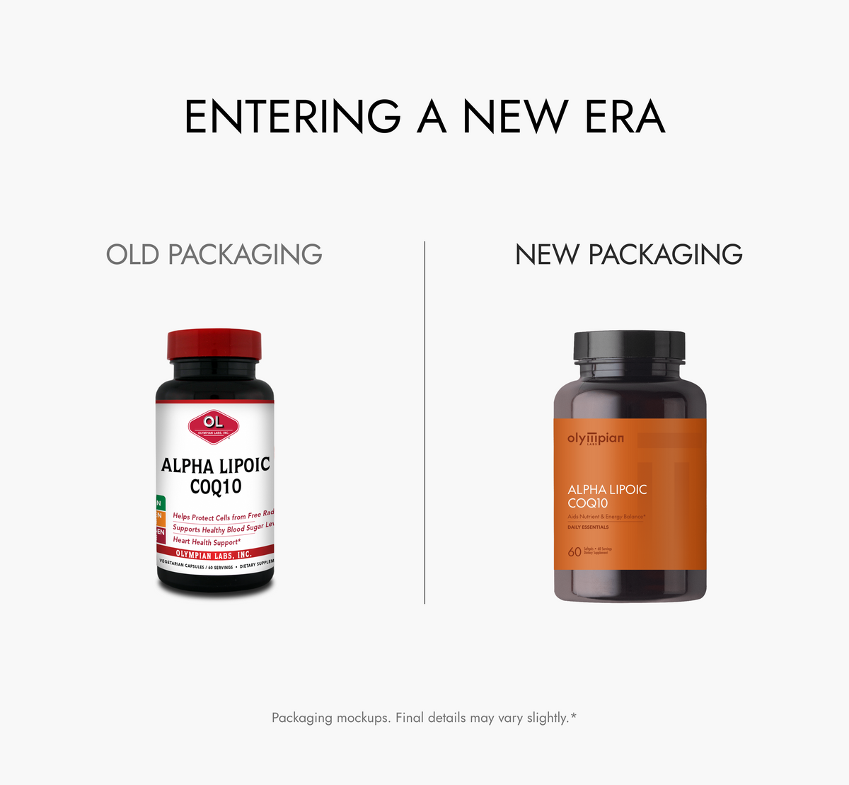 Comparison of old and new supplement bottle packaging on a white background