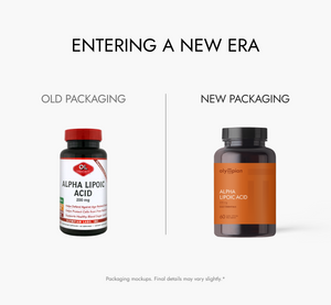 Comparison of old and new packaging for Alpha Lipoic Acid supplement bottles.