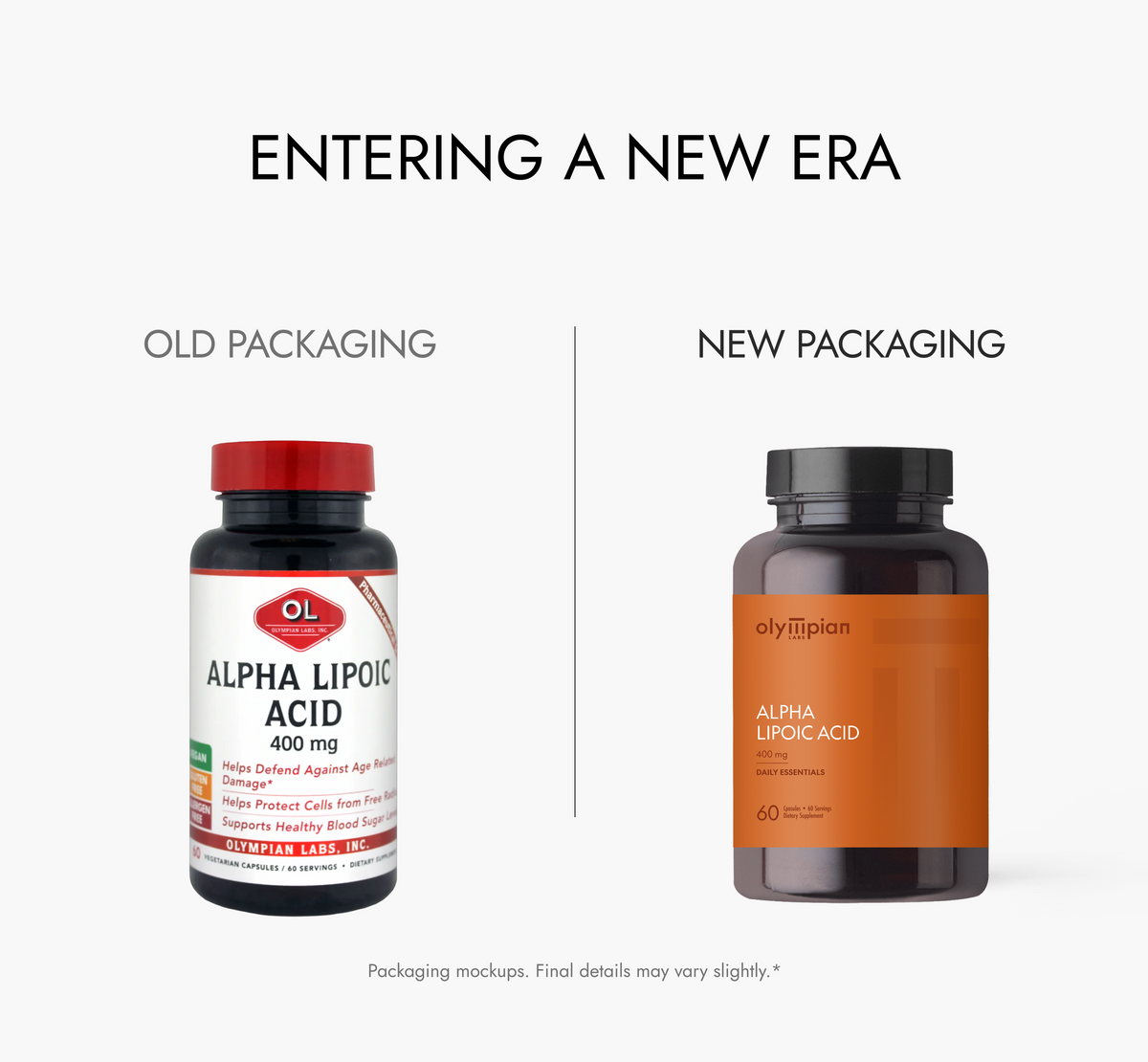 Comparison of old and new packaging for Olympian Labs Alpha Lipoic Acid supplement bottles.