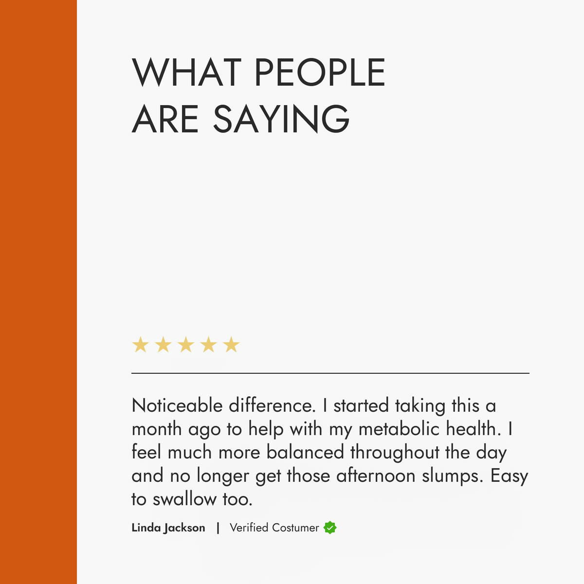 Product review section with a five-star rating and customer testimonial on a white background with orange sidebar.