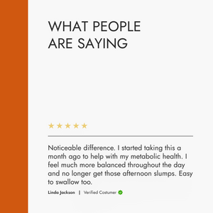 Product review section with a five-star rating and customer testimonial on a white background with orange sidebar.