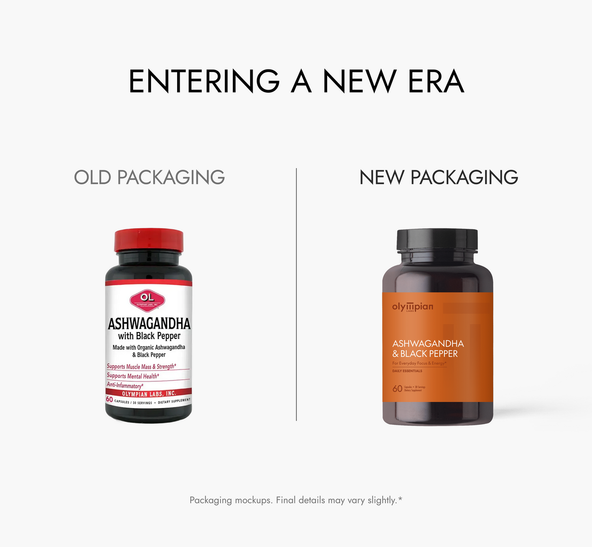 Comparison of old and new packaging for Ashwagandha with Black Pepper supplement bottles.