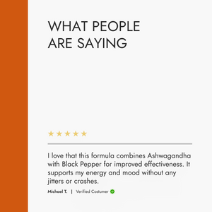 Product review section with a five-star rating and customer comment on a white background.