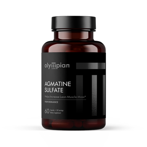 Supplement bottle labeled 'Olymipian Labs Agmatine Sulfate' on a white background