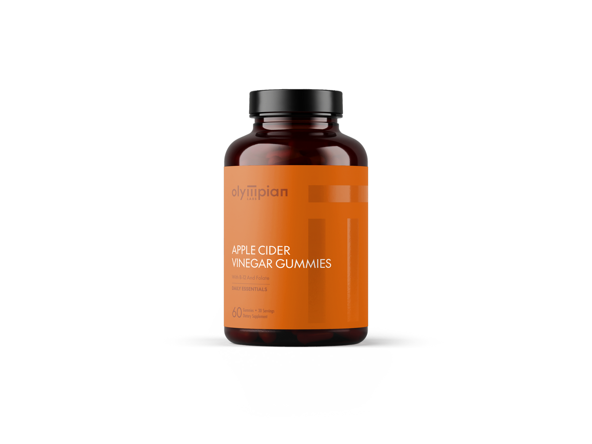 Bottle of Olympian Apple Cider Vinegar Gummies on a white background