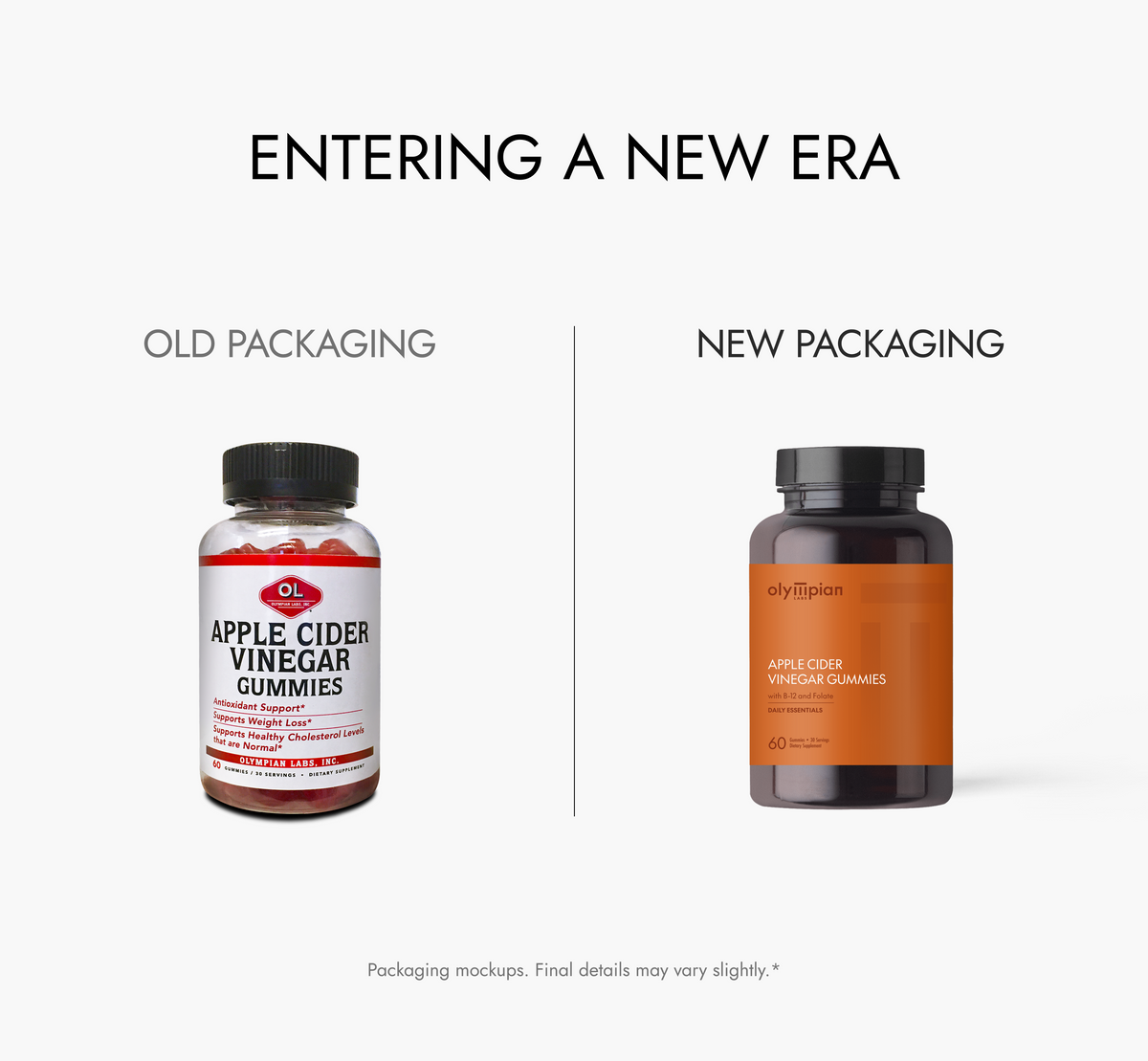 Comparison of old and new packaging for apple cider vinegar gummies on a white background.