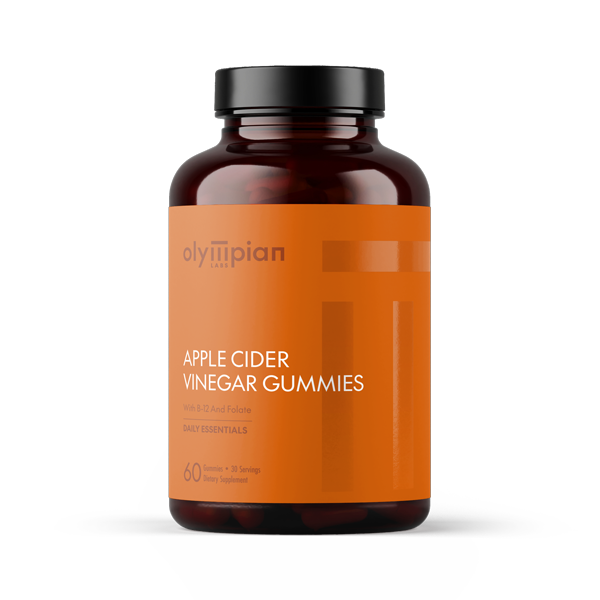 Bottle of Olympian Apple Cider Vinegar Gummies on a white background