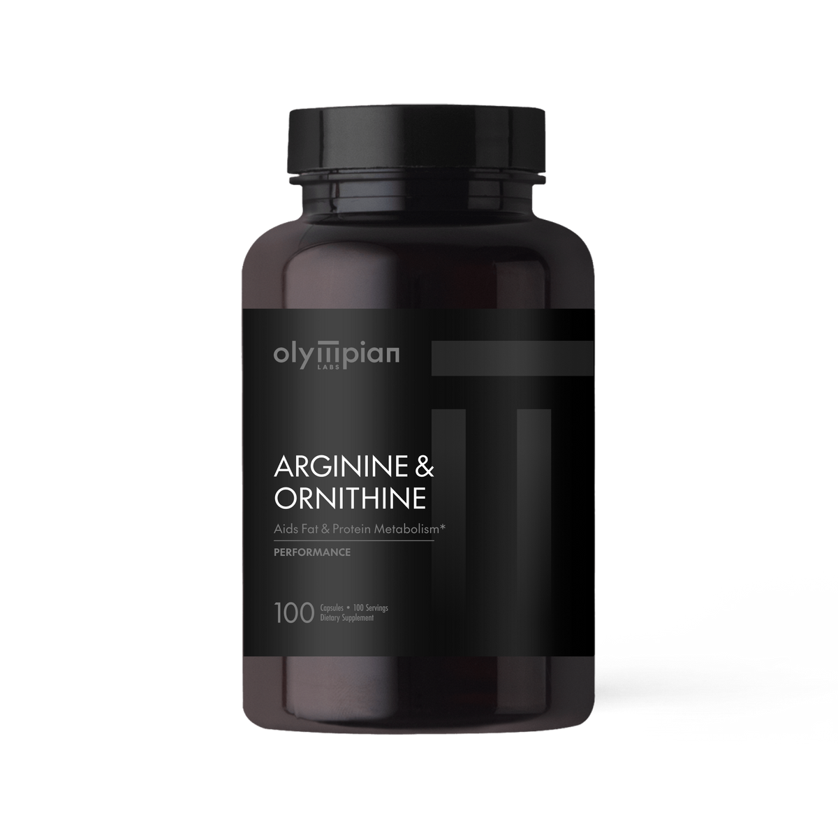 Black supplement bottle labeled 'Arginine & Ornithine' by Olympian on a white background