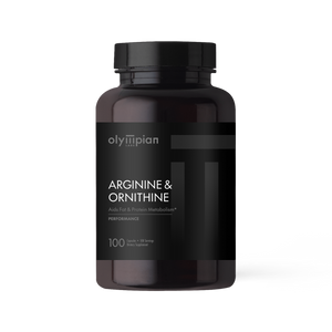 Black supplement bottle labeled 'Arginine & Ornithine' by Olympian on a white background