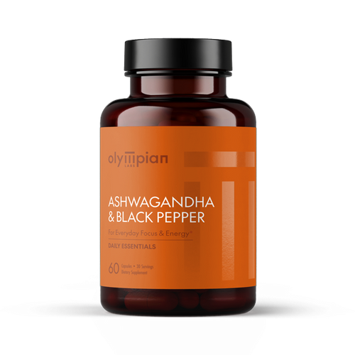 Bottle of Olympian Ashwagandha & Black Pepper supplement on a white background