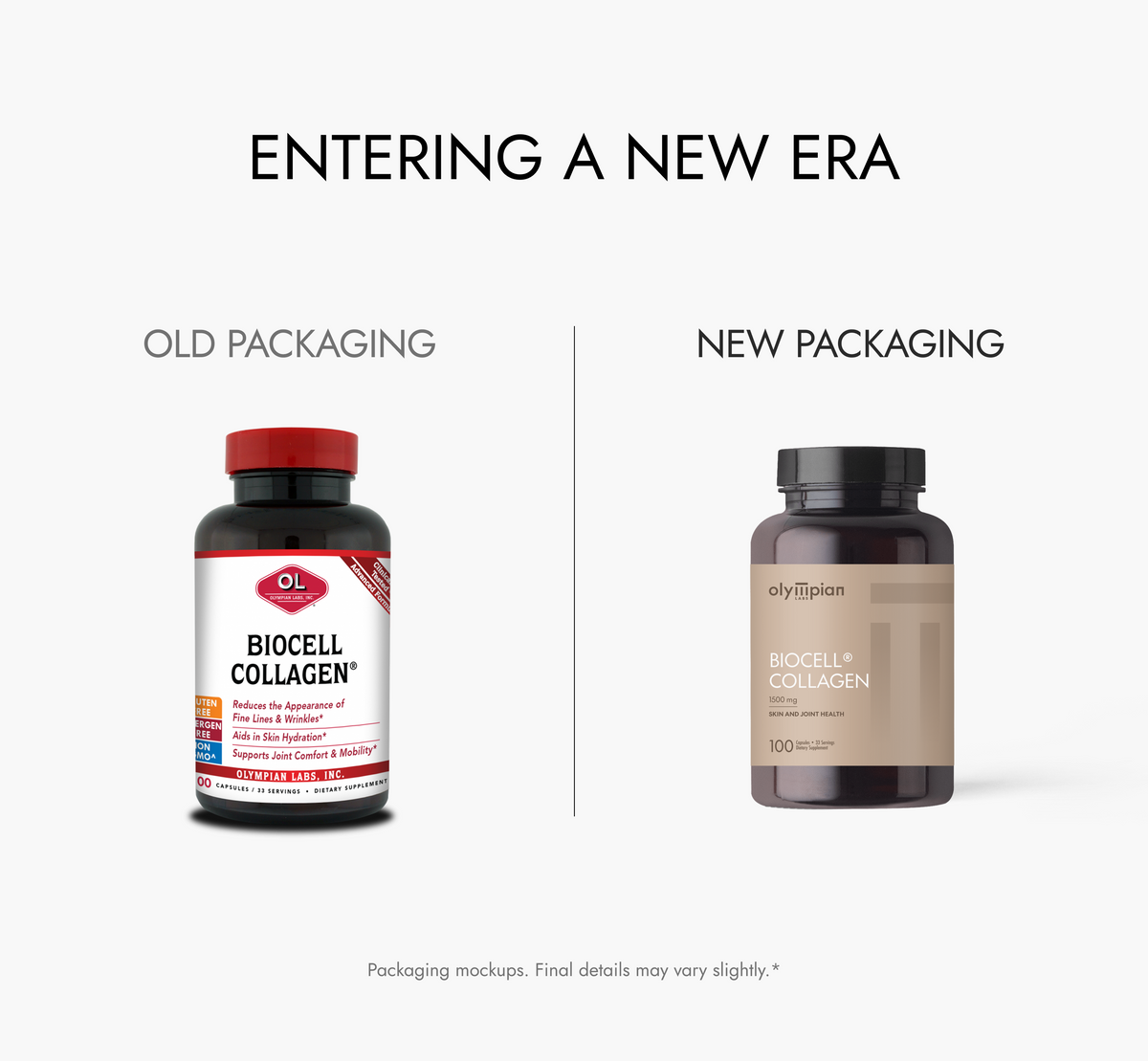 Comparison of old and new Biocell Collagen packaging on a white background.