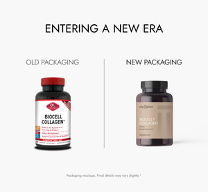 Comparison of old and new Biocell Collagen packaging on a white background.