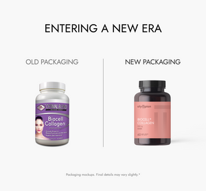 Comparison of old and new Biocell Collagen packaging on a white background.